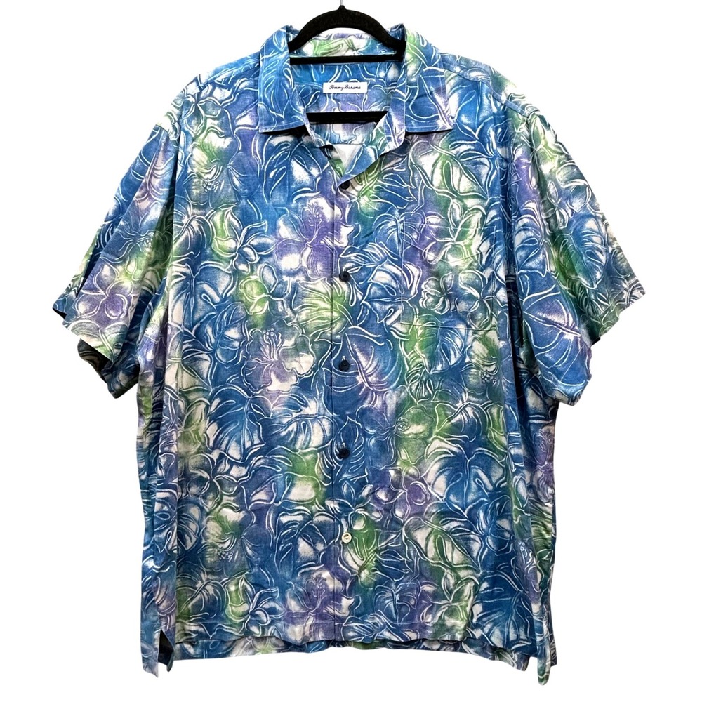 Tommy Bahama Mens XXL Blue Green Tropical Floral Coolmax Silk Blend Camp Shirt